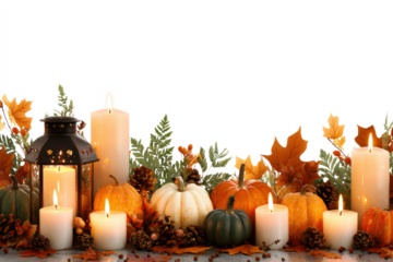 Autumn still life with pumpkins candles and fall leaves creating a warm and inviting seasonal display perfect for Thanksgiving or harvest themes