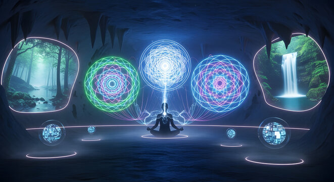 Meditating figure in cave with glowing mandala and nature portals