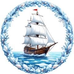 Wooden sailing ship on icy waters surrounded by a decorative winter wreath with frosty blue leaves and snowflakes