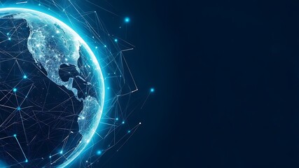Naklejka premium Futuristic Digital Globe with Global Network Connections, Digital Earth with Glowing World Map, Technology Background, and Blue Plexus Lines