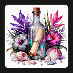 Decorative glass bottle with rolled parchment, tropical flowers, seashells, and pearls on white background