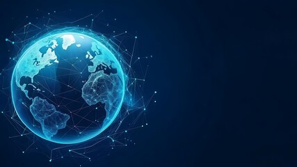 Obraz premium Futuristic Digital Globe with Global Network Connections, Digital Earth with Glowing World Map, Technology Background, and Blue Plexus Lines