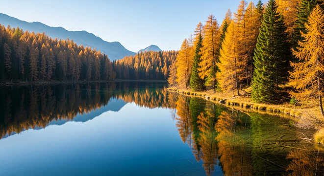 Calm lake reflecting golden autumn trees and mountains, showcasing serene nature scenery, ideal for tranquility and peace themes