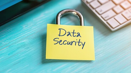 A padlock symbolizing data security rests on a sticky note, representing digital safety in a modern workspace.