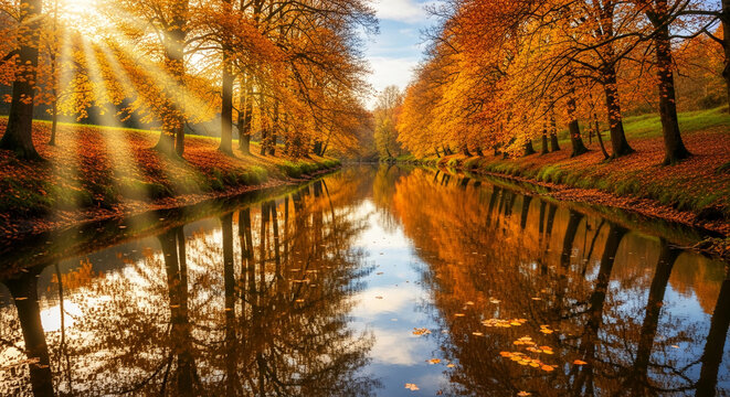 Golden autumn trees reflected in calm water, sunlight rays illuminating leaves, showcasing serene autumnal nature scene, ideal for seasonal designs