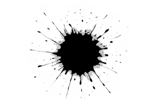 Black ink paint splatter stain with transparent background