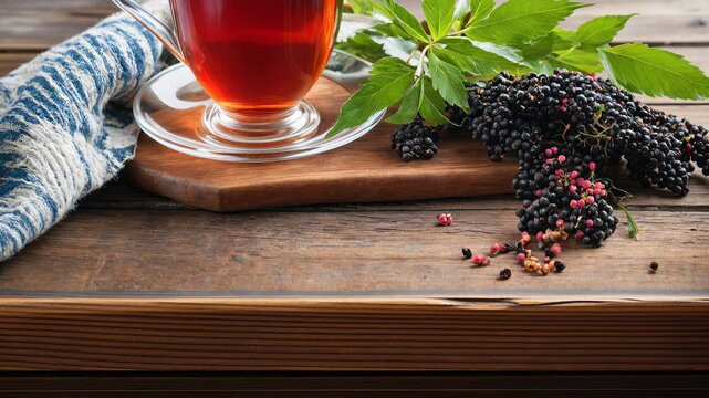 Warm cup of herbal tea with leaves and berries on wooden table in cozy setting