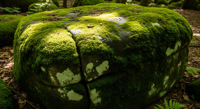Moss Covered Boulder in Forest Nature Background Close Up View - Powered by Adobe