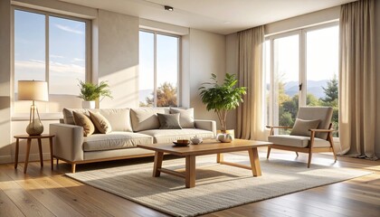 Fototapeta premium Linen Sofa and Oak Table with Directional Warm and Cool Light