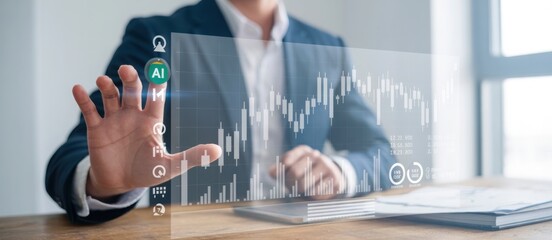 Investment Analyst & Holographic Charts: A professional in a crisp suit studies a holographic display of stock data, symbolizing forward-thinking financial analysis.