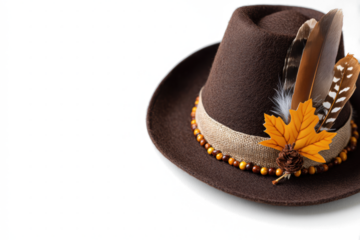 Brown felt hat with feathers and maple leaf traditional alpine style isolated on white background