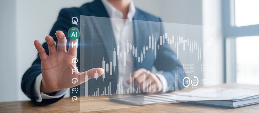 Investment Analyst & Holographic Charts: A professional in a crisp suit studies a holographic display of stock data, symbolizing forward-thinking financial analysis.