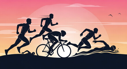 Obraz premium Dynamic athletes conquer swim, bike, and run challenges against a vibrant sunset, embodying peak human endurance and athletic spirit