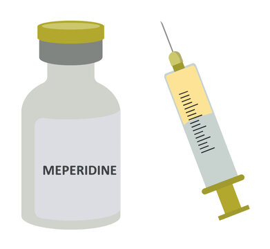 Illustration of a Meperidine injection vial and syringe. Medical pain relief concept showing narcotic analgesic medication used in hospitals for anesthesia and severe pain management.