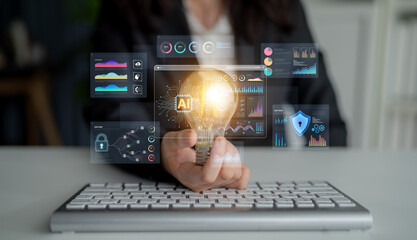 An Artificial Intelligence platform for business intelligence. The dashboard shows advanced data analytics, predictive modeling, and security monitoring through various visualizations. Fermion