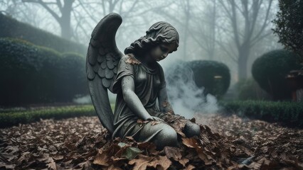 A somber angel statue, nestled amidst autumn leaves and fog, sits in a garden