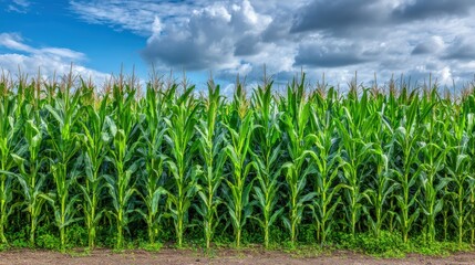 Lush green cornfield under blue sky with fluffy clouds