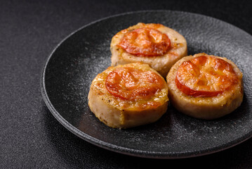 Round fish or chicken cutlets baked with tomato and cheese. Fish cutlets