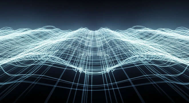 Stunning abstract digital waveform of glowing blue lines creating a sense of dynamic movement and futuristic energy