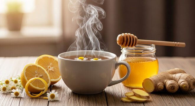A steaming cup of tea with chamomile flowers, lemon slices, honey, and ginger on a wooden table, representing a natural and relaxing beverage