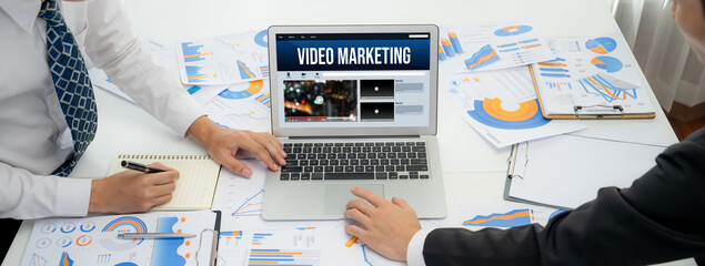 Video Marketing Concept on Laptop Screen. Video Marketing Advertising Business on Social Media and...