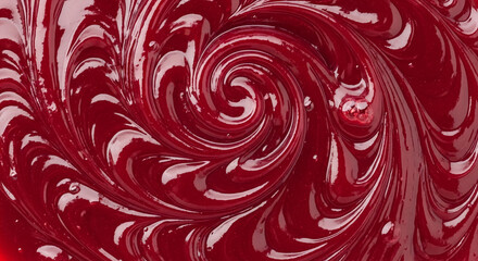 Close-up of red liquid with white swirl pattern. It represents dynamism and artistic movement, suitable for cosmetic, cooking, or design concepts