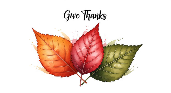 Three autumn leaves, orange, red, and green, watercolor style, on white background, "Give Thanks" text above, Thanksgiving theme, suitable for card, banner, or print