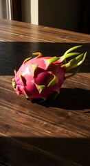 Vibrant pink dragon fruit placed on a rustic wooden table, showcasing its bright color, unique texture, and tropical freshness in a natural, organic, and visually striking composition