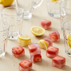 Flat lay composition of handmade ice cubes infused with fresh strawberry and lemon slices, perfect for refreshing summer drinks, showcasing vibrant colors, natural freshness.