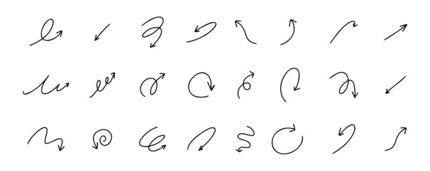 Doodle spiral arrows set. Hand drawn arrows. Design quirky twist line, curve wave arrow. 
