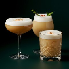 Elegant cream cocktails served in stylish glasses against a dark green background, highlighting smooth textures, rich tones, and a luxurious atmosphere perfect for festive or sophisticated celebration