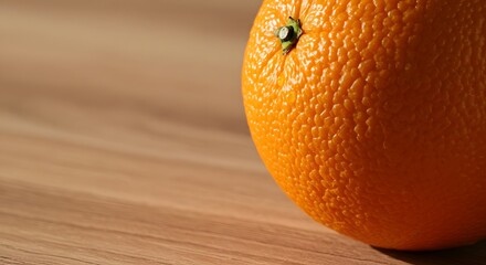Fresh, juicy orange fruit placed on a rustic wooden background, showcasing its vibrant color, natural texture, and high vitamin C content, symbolizing health, freshness, and tropical sweetness