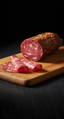 Thin slices of smoked bresaola arranged on a rustic cutting board atop a wooden table, showcasing rich color, fine texture, and the artisanal quality of this traditional cured meat