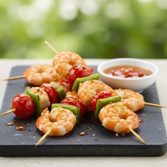 Delicious party food featuring grilled prawn skewers served with a vibrant sweet chili sauce, highlighting juicy seafood flavor, appetizing color, and an inviting festive presentation perfect 
