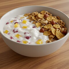 Homemade yogurt topped with delicious cereals in a bowl placed on a wooden table, creating a conceptual photo that highlights a healthy, natural, and tasty breakfast full of freshness and nutrition