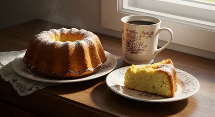 Cute homemade yeast cake served with a cup of coffee in elegant porcelain, showcasing warm tones, soft texture, and the cozy charm of a comforting homemade dessert moment