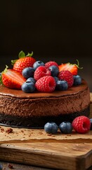 Delicious chocolate cheesecake topped with fresh berries and set on a rich brownie layer, showcasing a perfect balance of creamy texture, decadent flavor, and elegant dessert presentation