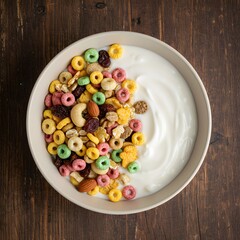 A bowl of homemade yogurt with crunchy cereals on a rustic wooden table, capturing the essence of a healthy and delicious breakfast that blends freshness, simplicity, and wholesome nutrition
