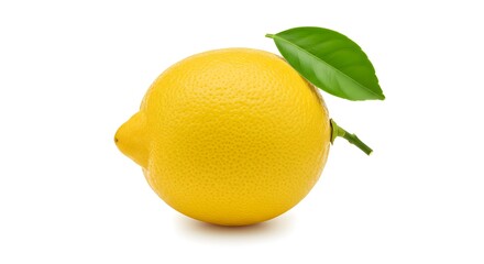 Fresh yellow lemon with green leaf isolated on a white background, captured with full depth of field and clipping path, highlighting vibrant color, natural texture, and refreshing citrus appeal