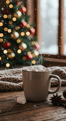 Cozy winter holiday scene featuring a cup of hot chocolate topped with marshmallows on a wooden table, capturing the warmth, sweetness, and festive spirit of Christmas and wintertime comfort