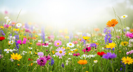 Fototapeta premium Vibrant wildflower meadow in full bloom, perfect for spring and summer designs, evoking joy, happiness, and natural beauty