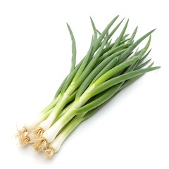 Studio-isolated photograph of fresh spring onions (scallions) against a clean white background, highlighting their vibrant green color, crisp texture, and freshness in a minimal  composition