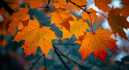 Fototapeta premium Close-up of orange maple leaves on branch, showcasing autumnal colors and leaf texture, symbolizing seasonal change and nature's beauty