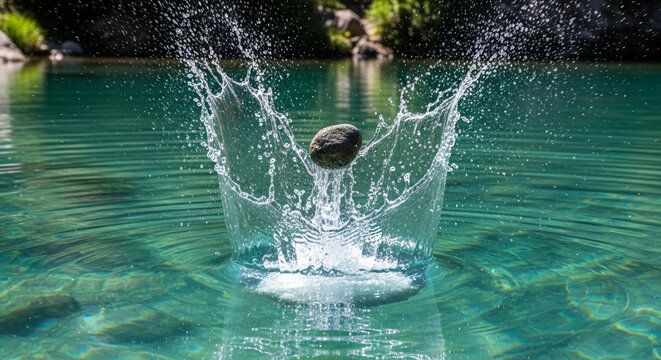 Dynamic moment of a rock impacting clear turquoise water, creating stunning splash and ripples, serene nature scene, perfect for peaceful projects
