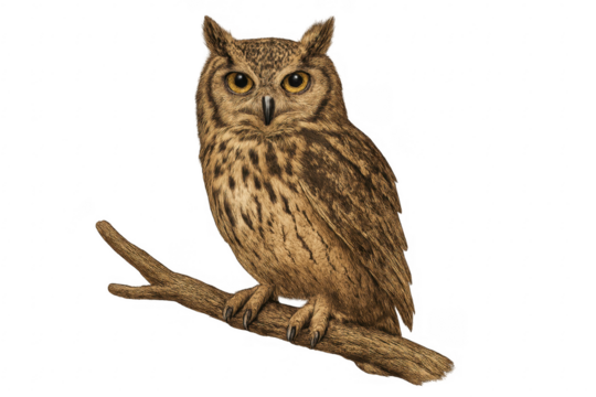 Owl bird perched on branch drawing illustration transparent