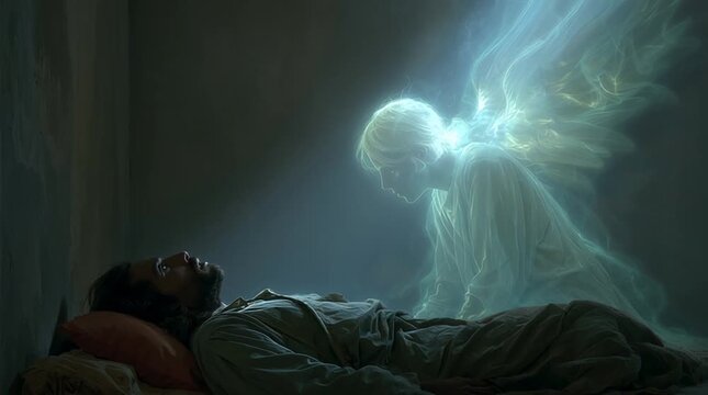 Joseph sleeping peacefully in a humble room as a glowing, ethereal angel leans over, whispering a divine message into his ear — serene and spiritual atmosphere.
