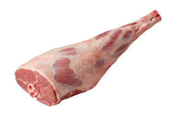 Raw whole lamb leg isolated on a clean white background, highlighting its natural texture and fresh quality.