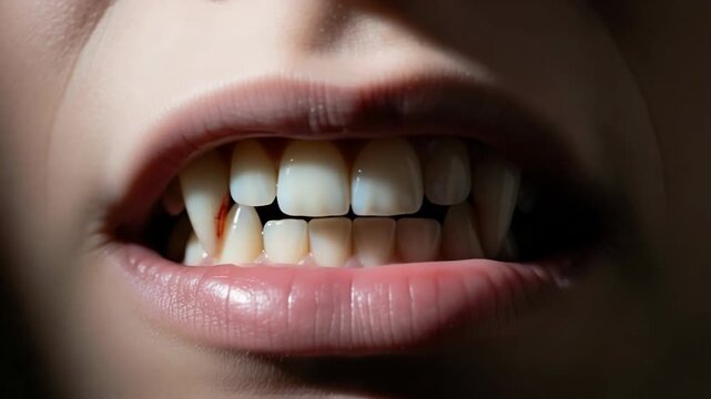 Vampire teeth close up shows sharp canines in human mouth. Vampire teeth detail includes healthy gums, white teeth, and threatening fangs.
