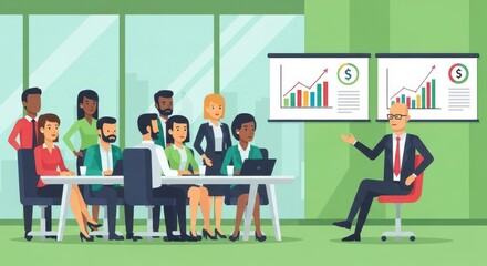 Business professionals attending an engaging presentation on financial growth strategies in a modern meeting space