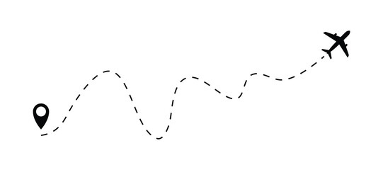 The plane icon follow from start pin point to finish by dashed line. Airplane dashed line path flat style design isolated on white background. Airplane route trace flight air map.